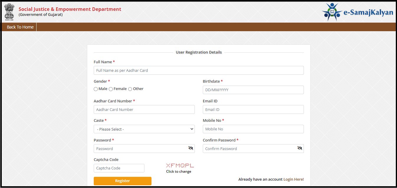 e samaj kalyan gujarat registration